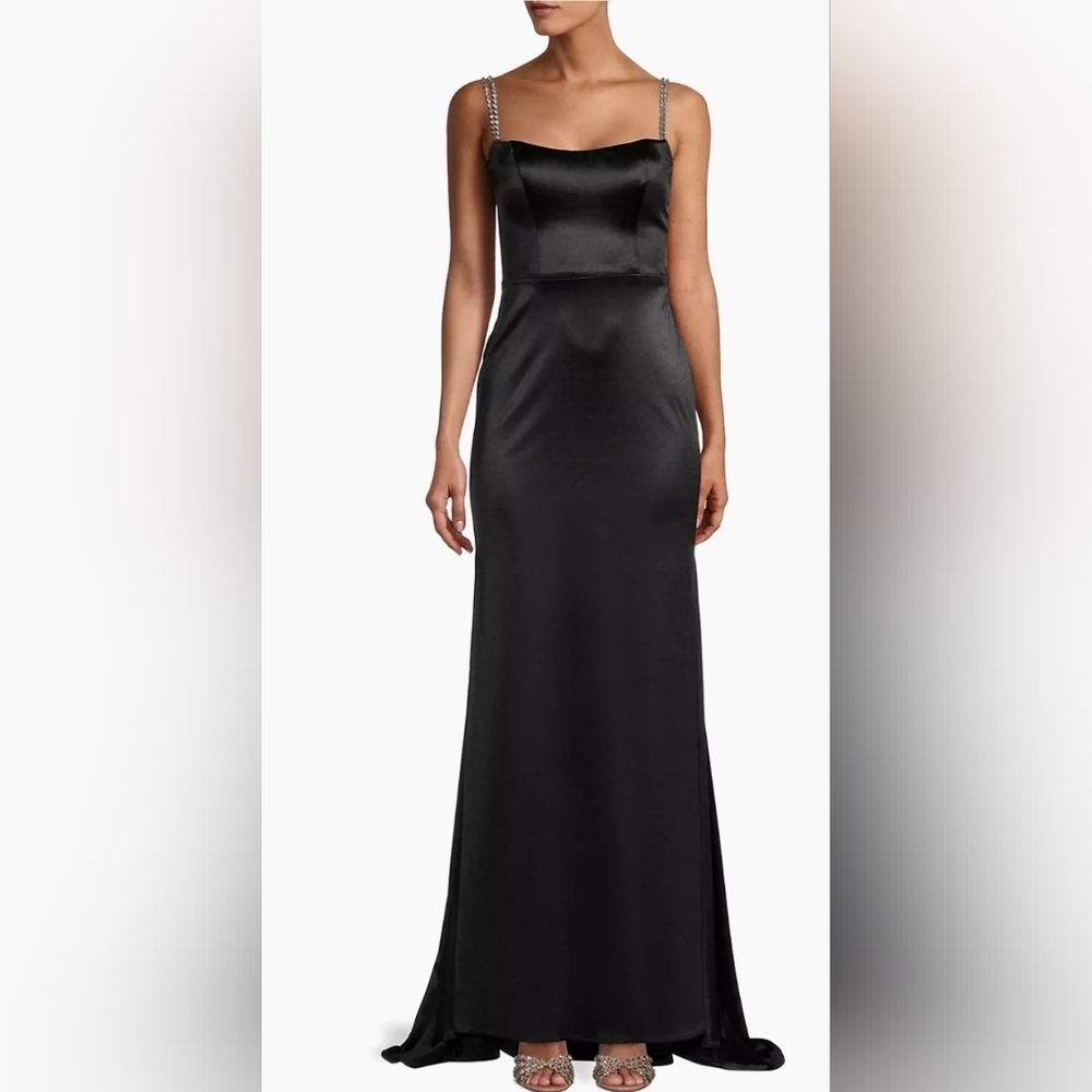Mac Duggal Black Satin Gown with Embellished Straps - Picture 5 of 16